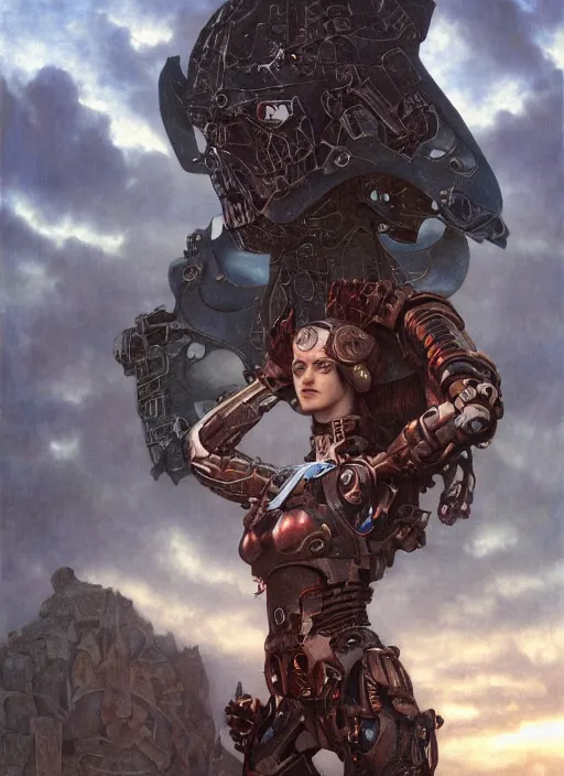 Prompt: portrait of a diabolical beautiful female cyborg girl, cloak cape, adaptive armor, dynamic pose, heavy eyes to the side, ancient ruins, glowing veins subsurface scattering, in clouds, sunset, portrait, by gerald brom, by mikhail vrubel, by peter elson, muted colors, extreme detail, reflections, trending on artstation, 8 k