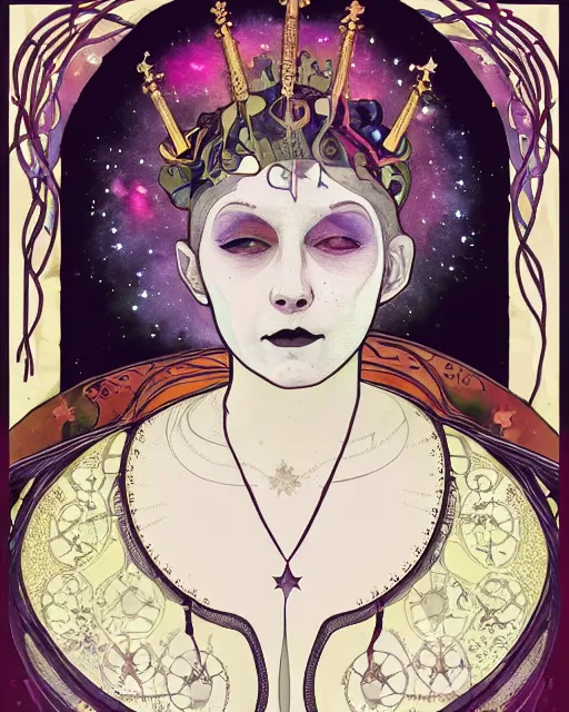 Prompt: a portrait of a galaxy as an androgynous druid spirit wearing five necklaces of moons and stars, wearing a glowing crown of black holes, stylized face, black eyes and black lipstick, draped in transparent cloth, colorful, flat watercolor, occult, ornate, minimal, bust by alphonse mucha, decorative art nouveau border, astrophotography, vast cosmos, digital illustration, trending on artstation