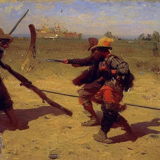 Image similar to duel between two ax - wielding bearded armed men. wide - angle. by ilya repin