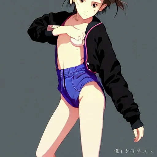 Image similar to a beautiful! boyish! natalie portman alluring gravure! model, wearing oversized mayan bomber jacket and leotard with overalls, bulky poofy bomber jacket with mayan patterns, gapmoe yandere grimdark, trending on pixiv fanbox, painted by greg rutkowski makoto shinkai takashi takeuchi studio ghibli, akihiko yoshida