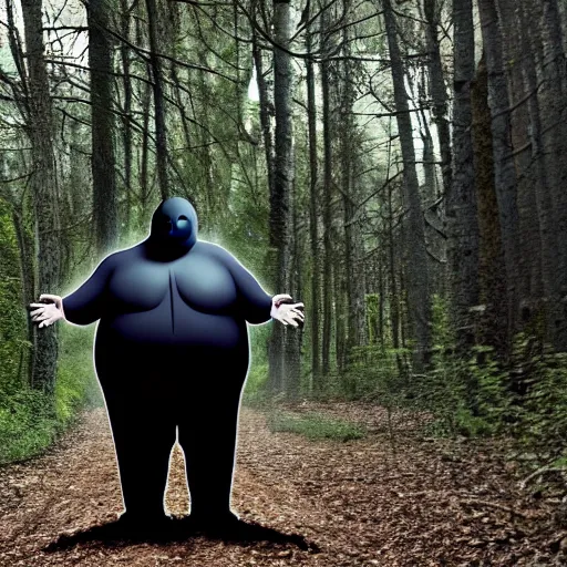 Image similar to overweight slenderman in the woods.