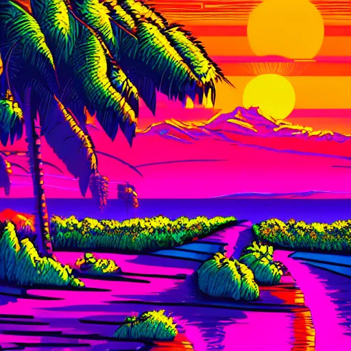 Prompt: a vibrant landscape in the style of synthwave
