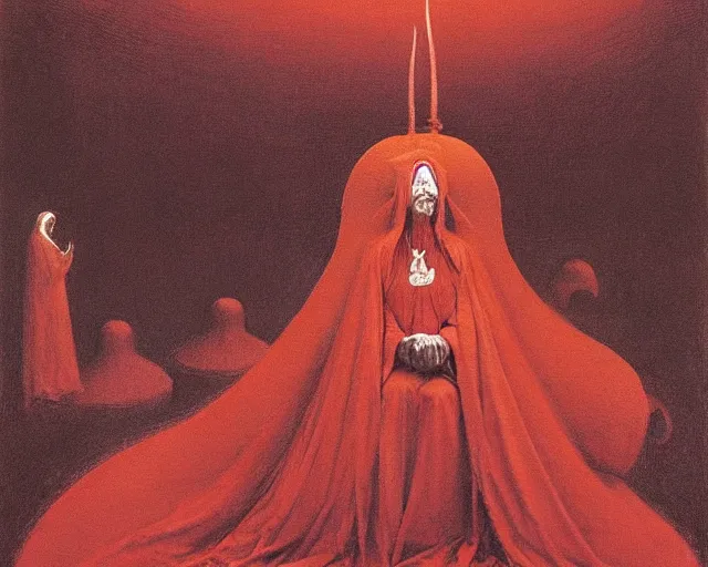 Image similar to devotion to the scarlet woman, priestess in a conical hat, coronation, ritual, sacrament, by francis bacon, beksinski, bosch, mystical redscale photography, opulence, luxury, maximalism.