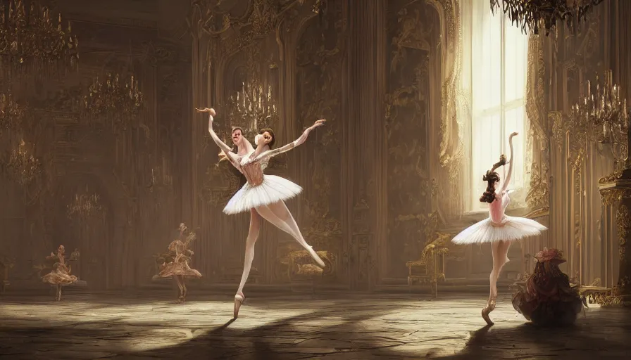 Image similar to the nutcracker and the ballerina dancing in an intricate detailed baroque room in the style of dark souls game series, hyperrealistic, breathtaking, octane render, epic composition, high resolution, Charlie Bowater, Tom Bagshaw, Norman Rockwell, insanely detailed and intricate, trending on artstation, masterpiece, 8k