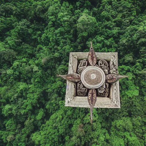 Prompt: aerial realistic film photograph of india tribe in jungle with strange temple