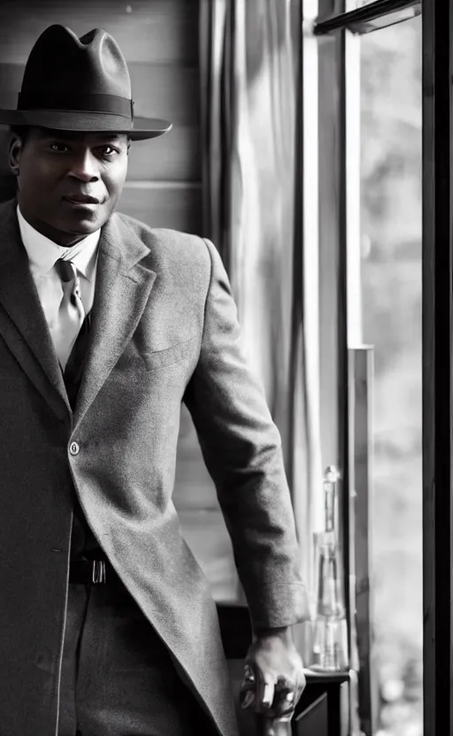 Prompt: a handsome clean shaven black detective wearing a gray fedora, trench coat and suit, holding a shot glass of whiskey, leaning on a dark wood bar near a window, dramatic lighting.