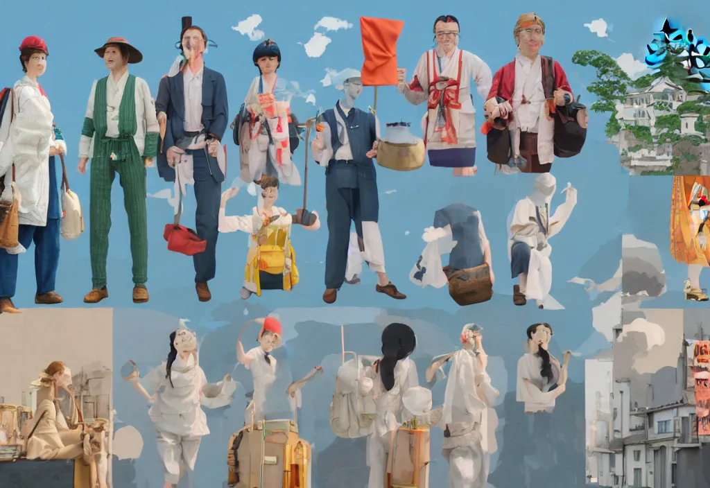 Image similar to a row of several european sightseeing tourists standing with a variety of poses and props, rural japan, character designs, a collage painting, in the style of wes anderson, lola dupre, david hockney, isolated on negative white space background dark monochrome neon spraypaint accents volumetric octane render