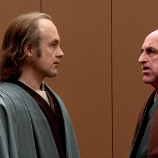 Image similar to jedi master anakin skywalker in jedi robes talking to saul goodman in a suit in court, us court, better call saul scene 1 0 8 0 p, court session images, realistic faces