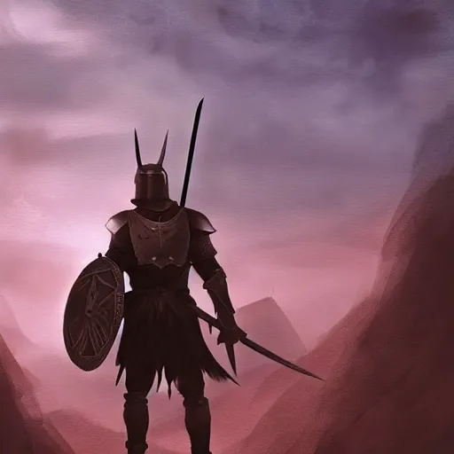 Prompt: Silhouette of a male warrior wearing knight armor holding a sword and shield, facing away towards a mountain in the distance, digital art, digital painting, matte painting, very beautiful, atmospheric dramatic lighting, highly detailed, fantasy artwork, dnd