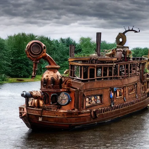 Image similar to a steampunk boat chugging down a river