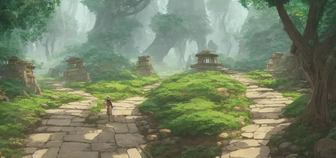 Image similar to concept art by sylvain sarrailh of an stone path leading to an abandonned asian temple, asiatic forest, studio ghibli