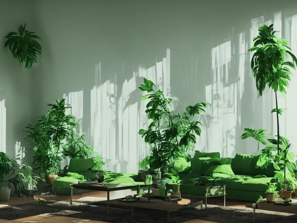 Image similar to comfy green living room with many plants, complicated liminal interior, Lynchian, unsettling, dreamlike with vapor clouds and painting by Henri Rousseau, 3D render by Beeple and Barry Chuckle, layered, parallax effect