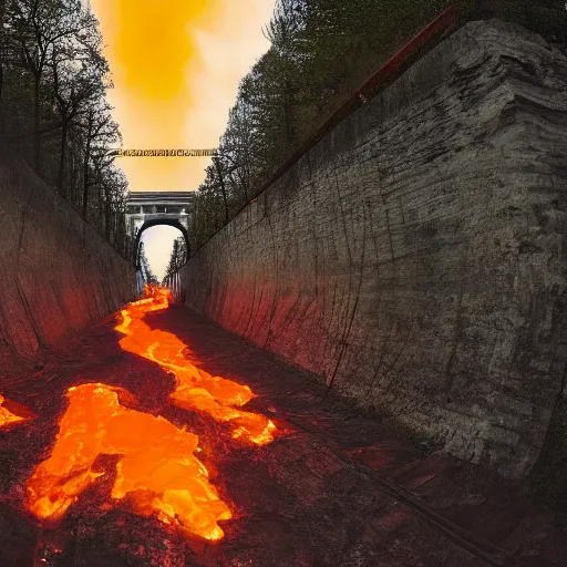 Image similar to Long bridge to hell, dslr, hyper realistic, photojournalism, scary, firey, disturbing