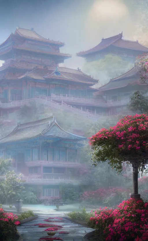 Image similar to vanishing point, palace covered with aqua blue roses like the forbidden city in distance at the red rose royal manor, viewed from afar, stephen bliss, misty, unreal engine, fantasy art by greg rutkowski, loish, ferdinand knab, and lois van rossdraws,, global illumination, radiant light, minimalist, detailed and intricate environment