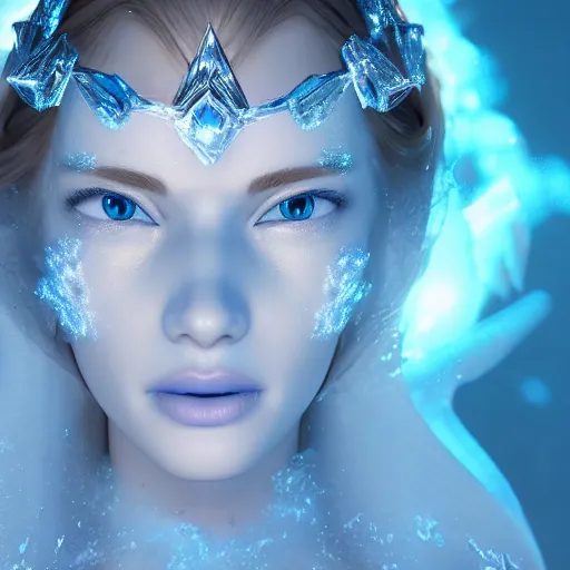 Image similar to ice goddess with beautiful face with a glowing blue crystal on her forehead, full body, frosty white eyes, winter mist around her, white plated armor, pale skin, white smoke, octane render, frostbite, 8 k, cinematic, 3 5 mm, aspect ratio