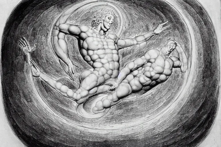 Image similar to a god giving birth to a new universe and then dissolving itself into it, in the style of william blake, illustration, epic, fantasy, smooth