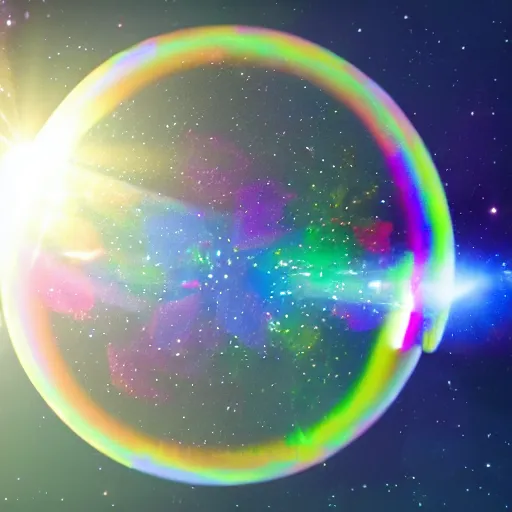 Image similar to a giant holographic soap bubble floating in space, unreal engine 5