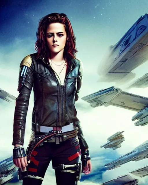 Image similar to kristen stewart ( from twilight ) portraying a beautiful jaina solo from star wars legends, beautiful kristen stewart jaina solo as a rogue squadron pilot, without lightsaber, movie, hyper realistic, hollywood promotional image, imax, 8 k