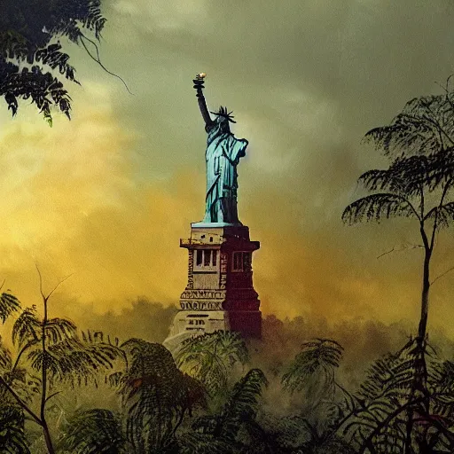 Prompt: statue of liberty reclaimed by the jungle , surrounded by tall vines in oversized misty jungle, dramatic sunset and dramatic sky , very detailed painting by frazetta, low angle, postapocalyptic panorama.asthetics !