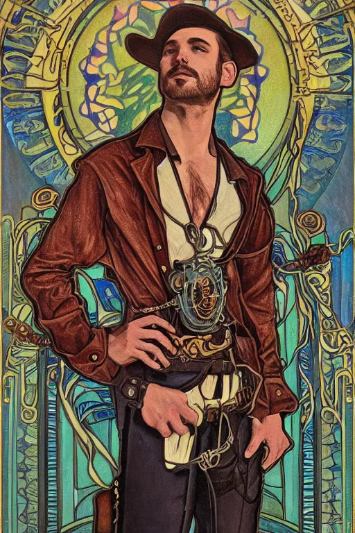 Prompt: a dramatic ethereal epic symmetrical painting of a handsome villainous cowboy standing in front of a train locomotive | his shirt is unbuttoned and he has a pocketwatch | tarot card, art deco, art nouveau, ( ( steampunk ) ), homoerotic, realistic | by louis comfort tiffany and alphonse mucha | trending on artstation