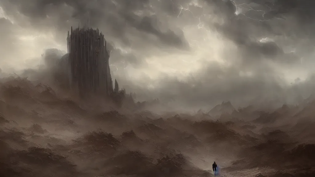 Image similar to epic storm by greg rutkowski the last tower. sand. lonely hero on lonely path trail. ominous. 3 8 4 0 x 2 1 6 0