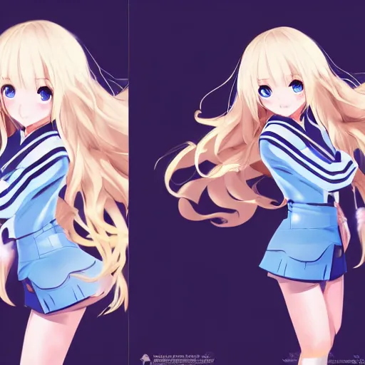 Image similar to a very beautiful anime cute girl, full body, long wavy blond hair, sky blue eyes, full round face, short smile, fancy top, miniskirt, front view, medium shot, mid-shot, highly detailed, cinematic wallpaper by Stanley Artgerm Lau