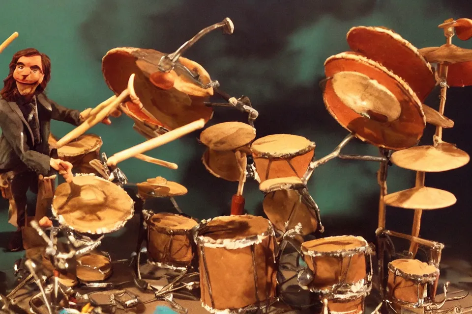 Image similar to a claymation film still of a curly long hair drummer playing the drum set. claymation by bruce bickford