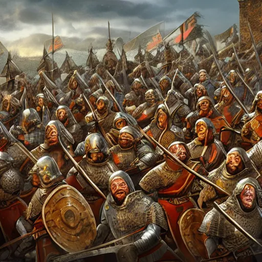 Image similar to Detailed epic render of medieval army with vivid warm colors and atmosphere