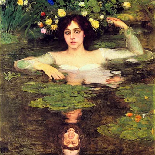 Image similar to Ophelia in water with flowers John Everett Millais, by Mikhail Vrubel, oil painting, art gallery, art museum, small details, hyperrealism