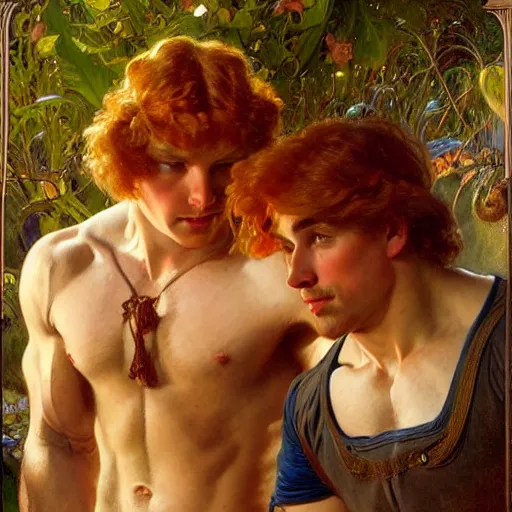 Image similar to attractive muscular ginger hair mike and muscular attractive brunet hair ty, drinking their hearts out, boys night out. highly detailed painting by gaston bussiere, craig mullins, j. c. leyendecker, alphonse mucha 8 k