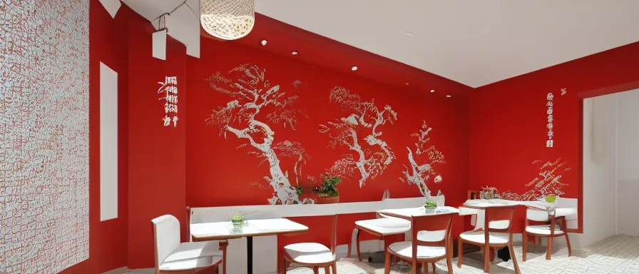 Image similar to a beautiful simple interior render of small roasted string hotpot restaurant restaurant yan'an, wall corner, from china, red paper wall and white tile floor, rectangle white porcelain table, fine simple delicate structure, chinese style, simple composition, simple style structure decoration design, victo ngai, 4 k hd