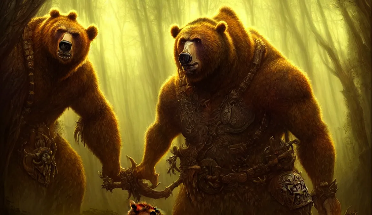 Prompt: epic professional digital art of orc bear druid, radiant gold ambient light, painted,, heroic ', mythic, detailed, intricate, leesha hannigan, wayne haag, reyna rochin, ignacio fernandez rios, mark ryden, van herpen, best on artstation, cgsociety, epic, stunning, gorgeous, much wow, cinematic