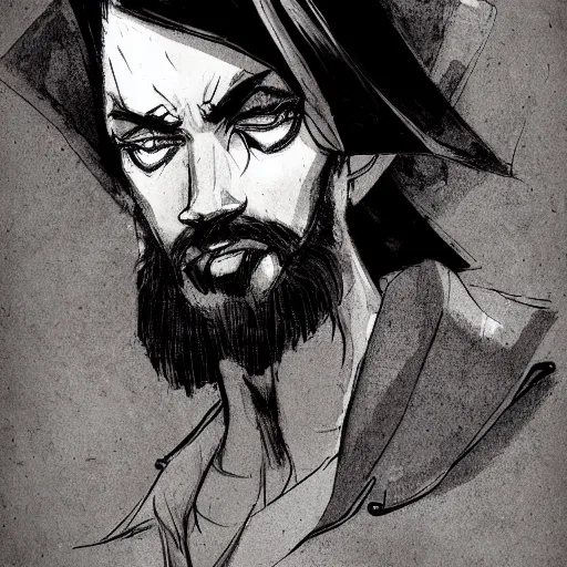 Image similar to very attractive man with beard, strong masculine features, slim, short hair, 35 years old, one android eye, sophisticated clothing with some steampunk elements, gesture dynamic, command presence, royalty, weathered face, smooth, sharp focus, organic, appealing, book cover, deep shadows, by Dave McKean sketch lineart for character design