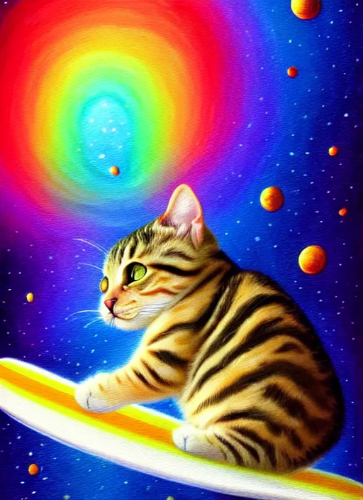 Image similar to a cute chubby tabby cat surfing on a rainbow in outer space, diffuse lighting, detailed face, fantasy, intricate, surrealism!!!!, highly detailed, lifelike, photorealistic, digital painting, artstation, illustration, concept art, smooth, sharp focus,