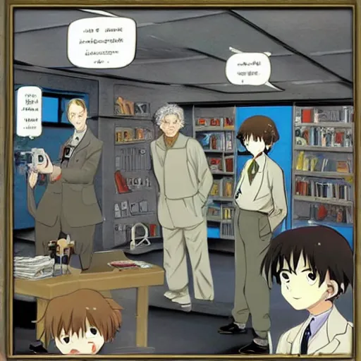 Prompt: inside the workshop with alan turing cracking the enigma with the help of albert einstein, anime!!!, manga style,