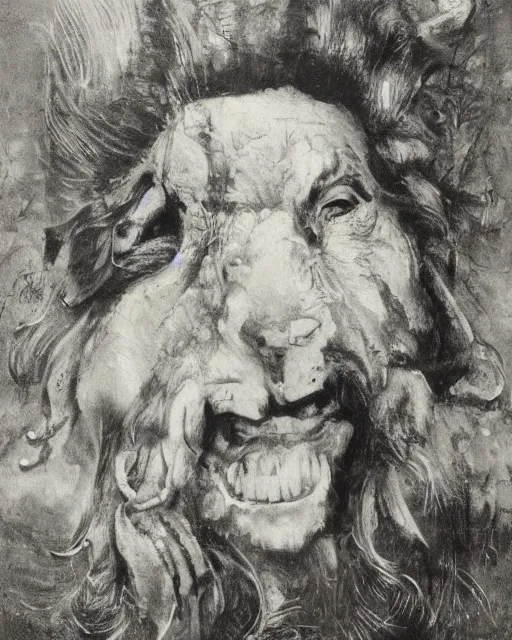 Image similar to a creature with the body and eyes of a man, with the beak of an eagle, the mane of a lion, and the horns of an ox. drawn by frank frazetta