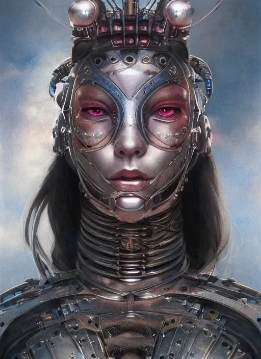 Image similar to A portrait of a female cyborg in armour heellraiser by sorayama by Greg Rutkowski, Sung Choi, Mitchell Mohrhauser, Maciej Kuciara, Johnson Ting, Maxim Verehin, Peter Konig, final fantasy, 8k photorealistic, cinematic lighting, HD, high details, dramatic, atmospheric , trending on artstation