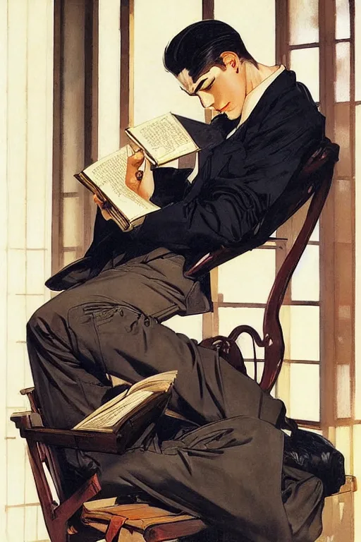 Image similar to attractive man reading book, painting by j. c. leyendecker, yoji shinkawa, katayama bokuyo