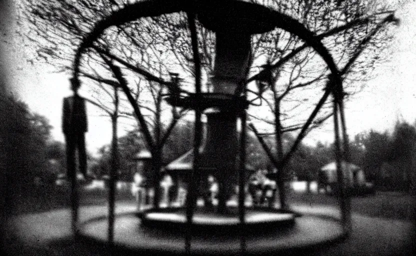 Image similar to a old daguerreotype photo of the slender man, standing still, waiting next to a merry go round in a kids park, grainy, old photo, golden ratio, scary, horror photography, 5 0 mm lens, f 1. 8