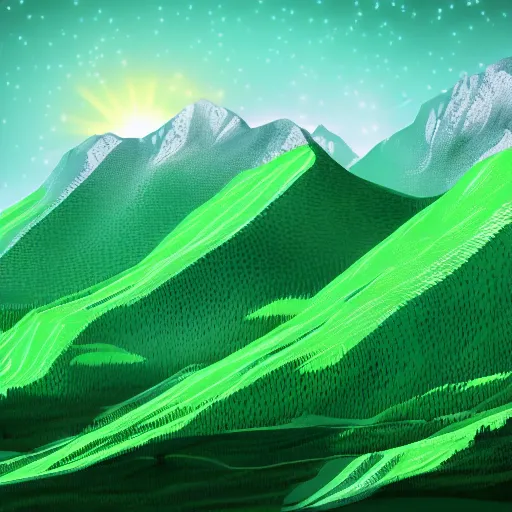 Image similar to luminescent green lined huge, detailed terrain grid, mountainous with dark background