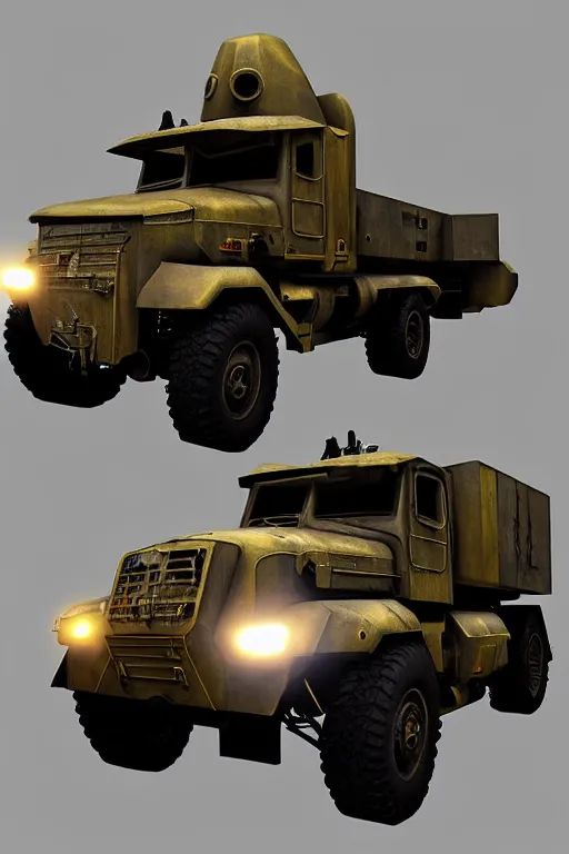 Image similar to “ cybertruck in war thunder game. front on, symmetrical. industrial design. good design award, innovative product concepts, most respected design, amazing depth, glowing, golden ratio, 3 d octane cycle unreal engine 5, volumetric lighting, cinematic lighting, cgstation artstation concept art ”
