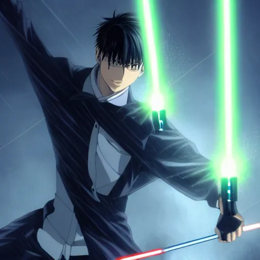 Image similar to Levi Ackerman in a fight using lightsabers, 4k wallpaper, handsome face, HD anime, realistic anime, rain aesthetic