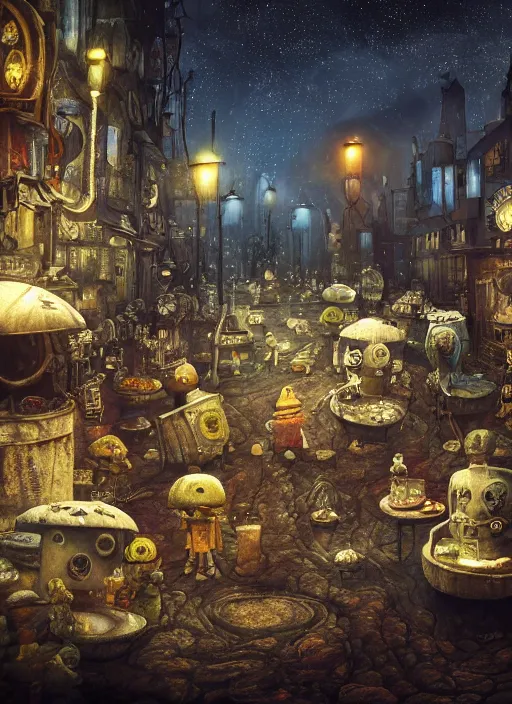 Prompt: Alexander Jansson style, A lunar landscape, darkness, nocturnal lighting, colored spotlights, psychdelic lights, gloom, fast food stalls and street market, extraterrestrials with psychedelic costumes walking and old robots buying and eating, realistic, many details, octane Render Ultra Detailed detailed detailed, Unreal Engine 5, HDRI,