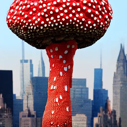 Image similar to a giant amanita muscaria in the mew York skyline, photorealistic