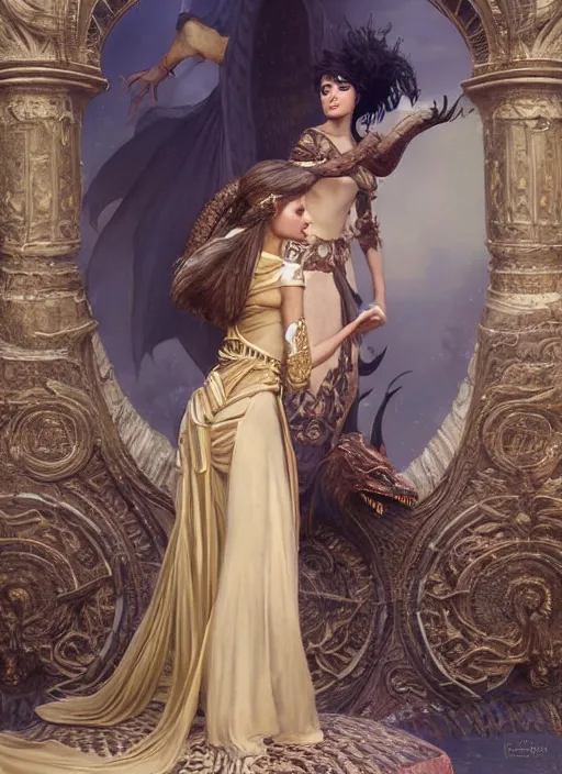 Image similar to a painting of a beautiful queen in fantastic dress next to a dragon, photorealistic painting by Jaime Jones, Tom Bagshaw,Lawrence Alma-Tadema,greg rutkowski,deviantart contest winner, fantasy art, daz3d,intricate,elegant,highly detailed,8k,digital painting,concept art, sharp focus, illustration,golden ratio