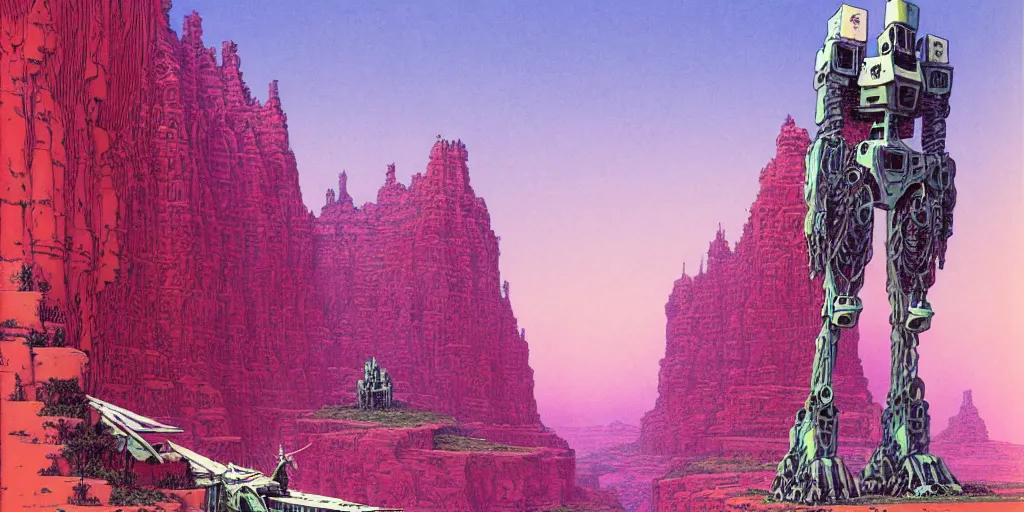 Image similar to grainy risograph matte painting of exotic animals on tall legs, gigantic huge mech with huge swords, pastel matte colors, staying in the toxic canyon, by moebius, hyperrealism, intricate detailed