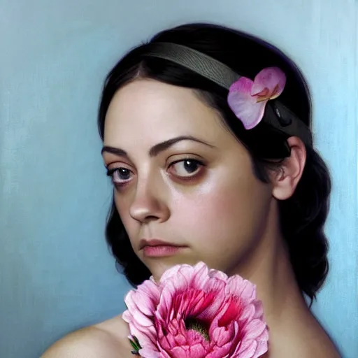 Image similar to pink petals with a ahape of a wonderful aubrey plaza and christina ricci and mila kunis and olivia newton john, intricate, elegant, highly detailed, wonderful eyes, sweet, digital painting, artstation, concept art, smooth, sharp focus, illustration, art by artgerm and greg rutkowski and alphonse mucha and william - adolphe bouguereau