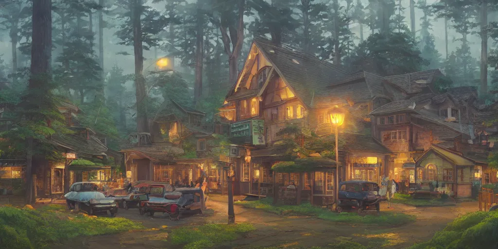 Prompt: The town of Honeywood, forest, cinematic angle, studio Ghibli, cinematic lighting, detailed oil painting, hyperrealistic, 8k