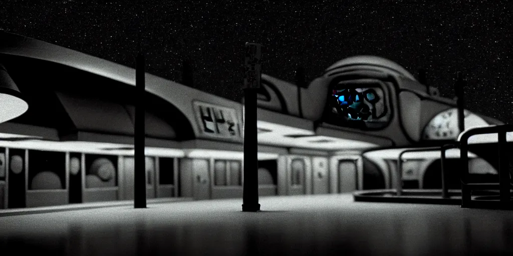 Prompt: low angle shot of a space cantina at night, film noir set design by Fritz Lang, in the style of Jim Jarmusch, shot on film, grainy, hyperrealistic
