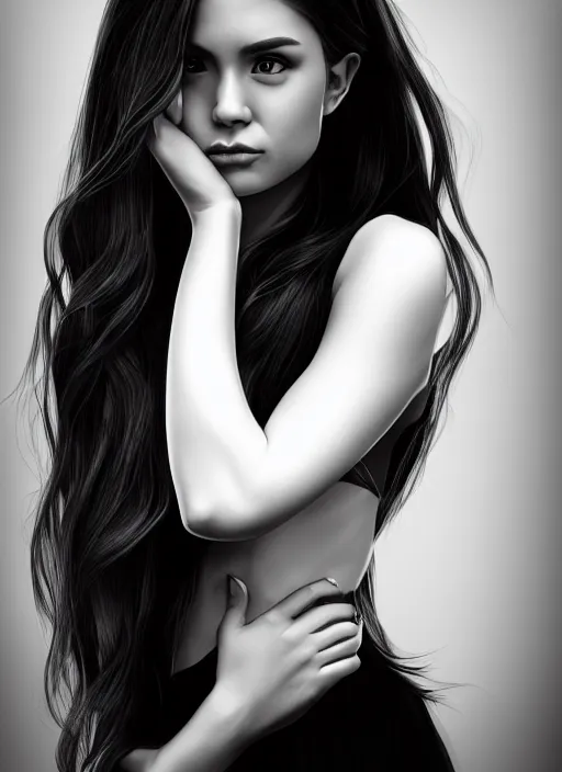 Image similar to full body portrait of a beautiful young woman in black and white, photorealistic, hair down to waist, sharp focus, in the style of Kevin Kostic, Stephen Lau and artgerm, hyper sharp focus, 8k highly detailed